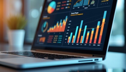 Modern Laptop Displaying Colorful Business Charts and Graphs