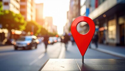Fototapeta premium A red location pin marker stands prominently in the foreground on a city street with blurred buildings, vehicles, and pedestrians in the background at sunset.