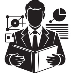 A businessman in a suit reading a book with data graphs and charts surrounding him in black and white on transparent background