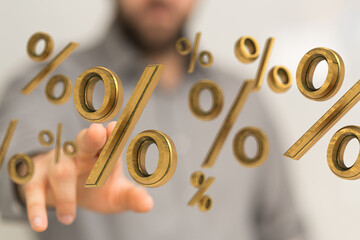Person interacting with 3D percentage symbols.  Concept for finance, discounts, or interest rates.