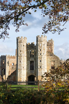 Cowdray Ruins Midhurst England ancient early Tudor manor house view of front through trees