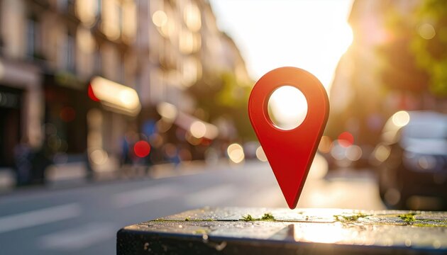 A red location pin marker on a city street surface with blurred buildings and traffic in the background under warm sunlight.