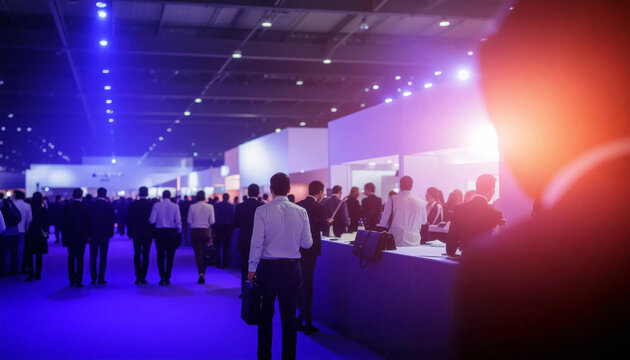Busy trade fair with a sea of booths and blurry business people