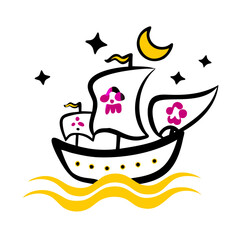 Vector art of a cartoon ship sails on the sea under the moon and stars isolated on white background