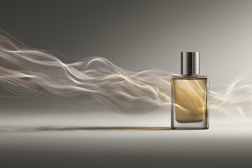 Aromatic fragrance exudes from this modern perfume bottle, captivating scent experience conveyed through subtle elegance and alluring charm