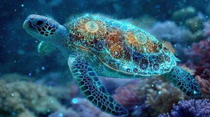 Obraz premium Sea turtle on coral reef, close-up