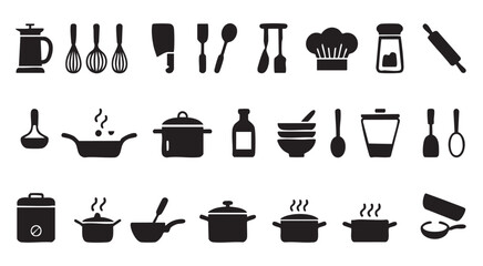 Black and white icons of kitchen utensils and cookware on white background cooking