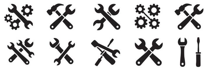 Black and white icons of tools including wrenches gears hammer and screwdriver vector