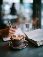 Obraz premium Lifestyle blogger writing about her day at local cafe, feeling relaxed and inspired with delicious cappuccino and her journal on table