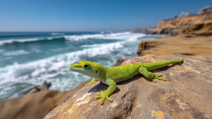 Fototapeta premium A lizard perched atop a rock near the ocean, with waves crashing behind it