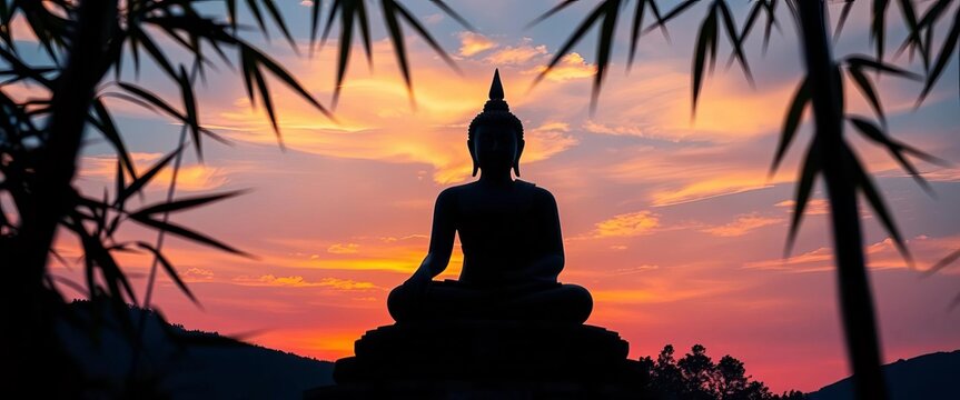 Serene Buddha statue silhouetted against a vibrant sunset sky, framed by bamboo , asia, temple