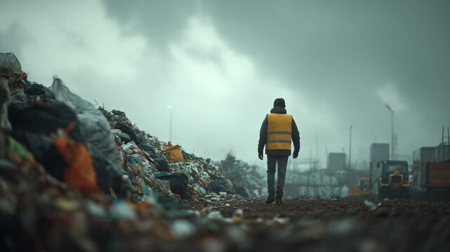 Sanitation Worker at Industrial Waste Site on a Cloudy Day