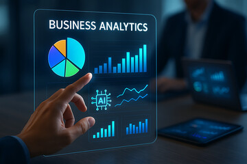 Business analytics dashboard with artificial intelligence and data visualization charts for smart decision making in a digital workspace