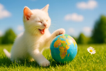 A white kitten rests its paw on a small globe on green grass under a blue sky