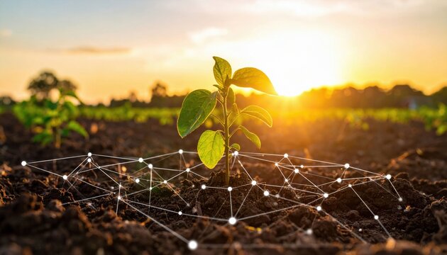 A young plant grows in soil at sunrise, connected by a digital network symbolizing technology and nature integration.