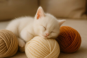 A close-up white kitten sleeping atop a ball of light yellow yarn