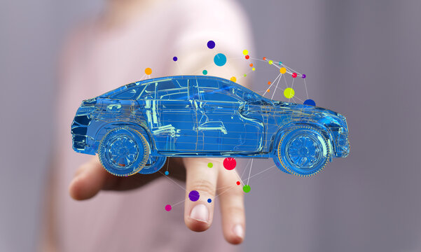 A futuristic transparent blue car model showcasing automotive innovation and technology. - Powered by Adobe