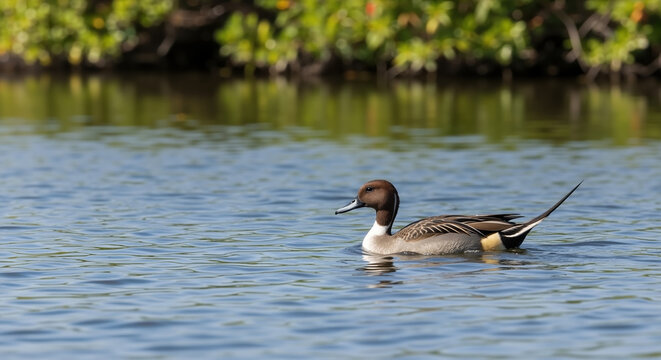 Northern pintail duck swimming in calm blue water with distinctive plumage pattern. Waterfowl behavior and aquatic habitat adaptation. Birdwatching and migratory species study