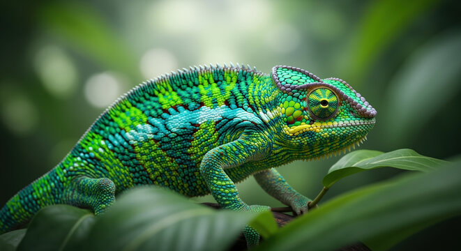 Colorful chameleon with green and blue scales on tree branch. Reptile with color changing ability in natural habitat for wildlife education and adaptation awareness campaigns - Powered by Adobe