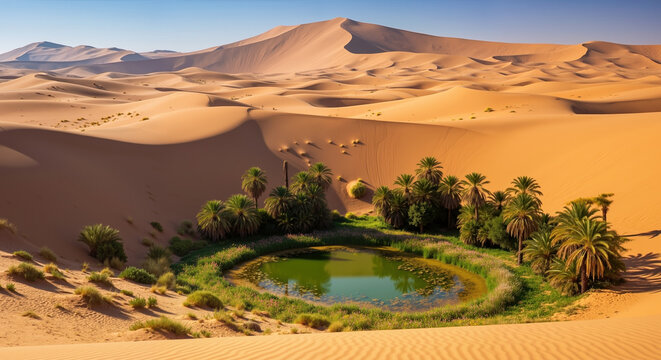 Desert oasis with palm trees and green water surrounded by golden sand dunes. Natural water source in arid landscape for environmental conservation and desert ecosystem campaigns