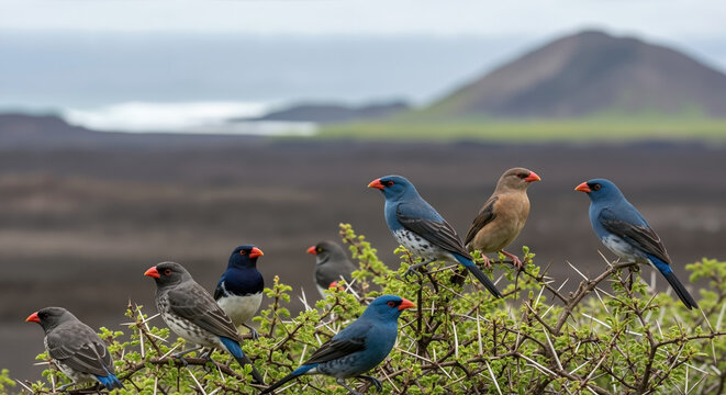 Colorful finches perched on thorny branch in volcanic desert landscape. Small songbird diversity and island adaptation. Birdwatching and evolutionary biology study