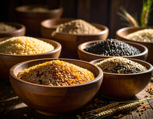 Variety of Grains in Wooden Bowls on Rustic Table