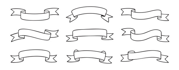Obraz premium Nine black and white hand drawn ribbon banners on white background illustration graphic
