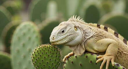 Fototapeta premium Iguana with detailed scales and spines eating prickly cactus fruit. Reptile feeding behavior and desert plant interaction. Wildlife adaptation and herbivore diet study content