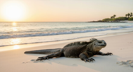 Marine iguana resting on sandy beach near ocean waves at sunset. Reptile coastal adaptation and thermoregulation behavior. Wildlife conservation content
