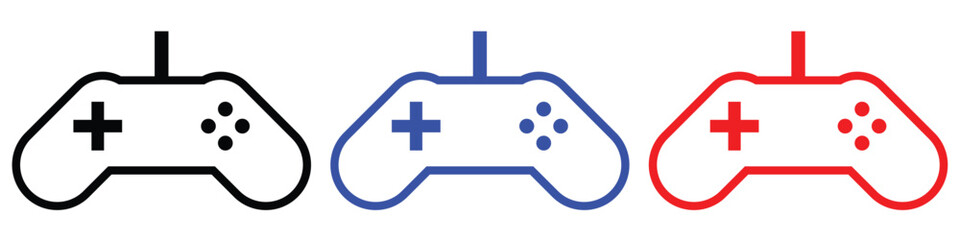 Game Controller Icon Set – Outline Joystick Symbols in Black, Blue, and Red for Gaming Interfaces   © najwa