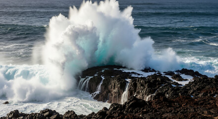 Ocean wave crashing against volcanic rocks creating dramatic white spray. Natural coastal erosion process for geological studies and marine environment education campaigns