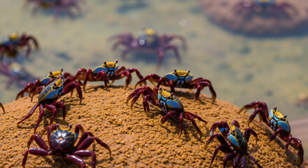 Colorful crabs with blue shells clustered on sandy beach surface. Marine crustaceans in coastal habitat for wildlife education and ecosystem balance campaigns