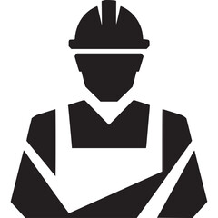 A stylized black and white icon of a construction worker wearing a hard hat and overalls design icon on transparent background