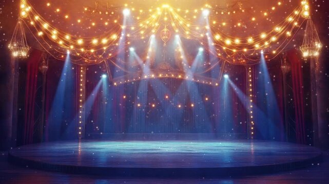 Magnificent circus stage illuminated with golden lights and blue spotlights