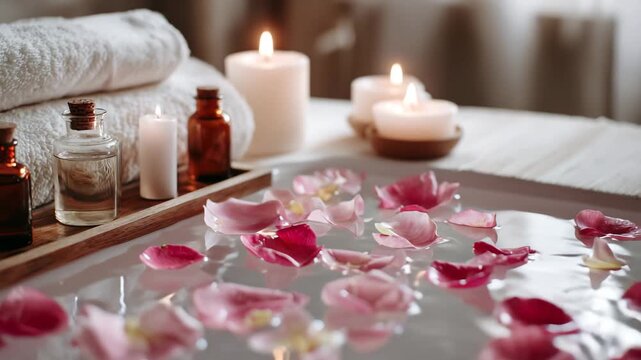 Soft pink rose petals float on water with lit candles and glass bottles in spa setting, rolled white towels enhance relaxation and wellness for ultimate self care experience