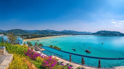 Fototapeta premium Panoramic view from infinity pool overlooking turquoise sea, boats, lush hills and tropical flowers on Phuket beach in Thailand, capturing serene vacation mood, exotic nature relaxing coastal escape