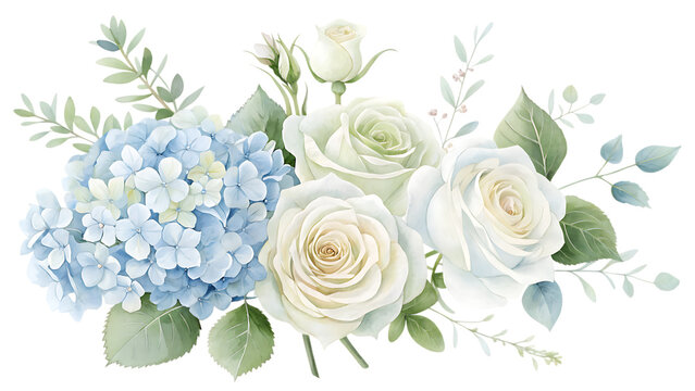 Beautiful watercolor floral arrangement featuring a large blue hydrangea and three creamy white roses with delicate green leaves isolated on transparent background