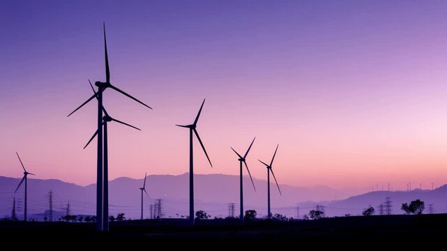 Wind turbine silhouette sunset with purple sky and mountain background creating calm renewable energy landscape power generation eco friendly clean energy alternative energy wind farm electricity