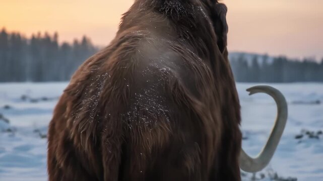 A woolly mammoth roams the snowy landscape as the sun sets, its thick fur providing warmth against the cold