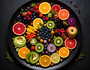 Vibrant Colorful Fruit Arrangement on Dark Plate