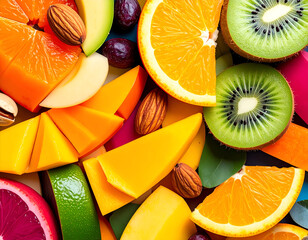 Vibrant Colorful Sliced Fruits and Nuts Flatlay