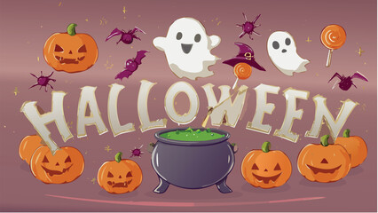 Playful Halloween Illustration Featuring Friendly Ghosts, Carved Pumpkins, Bats, and Spooky Night Sky, Ideal for Seasonal Promotions, Posters, and Social Media Content
