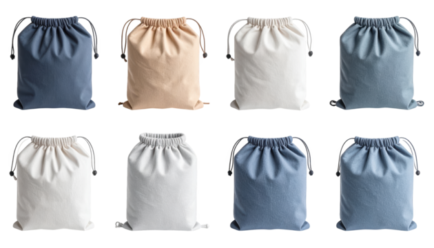 Collection of six colorful bags isolated on a white background for various purposes