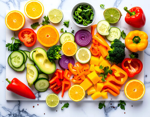 Vibrant Colorful Vegetables and Fruits Sliced on Marble Board