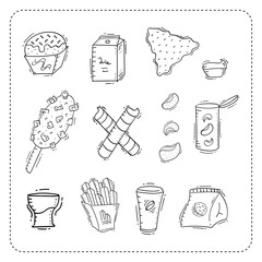Food icon, hand drawn fast food icon, doodle food and beverage icon set