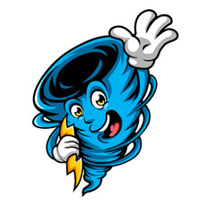 smiling mascot tornado holding lightning