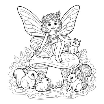Cute Cartoon Fairy with Wings in a Field of Flowers Black and White Coloring Page. 
