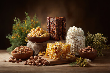 Fototapeta premium vibrant display showcasing traditional desserts made with honey and nuts highlighting rich culinary heritage