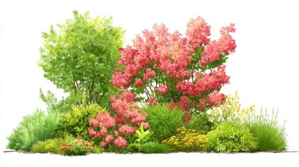 A garden is filled with blooming pink shrubs surrounded by various shades of green foliage. This vibrant scene captures the essence of spring, showcasing nature's beauty