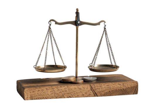 Bronze scales and wooden texture signify balance. Great for law, finance, or business.